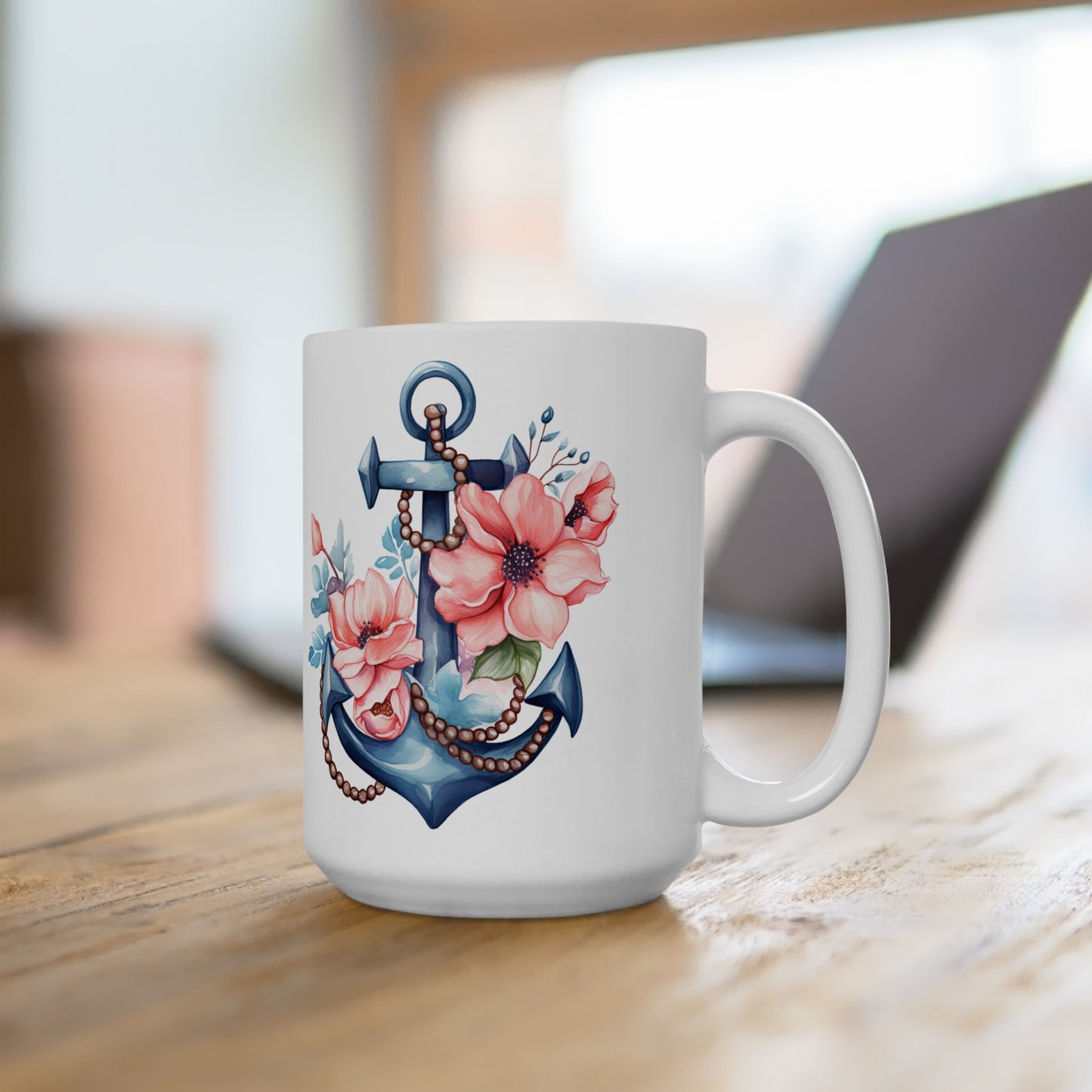 Floral Anchor Ceramic Mug, 15 oz
