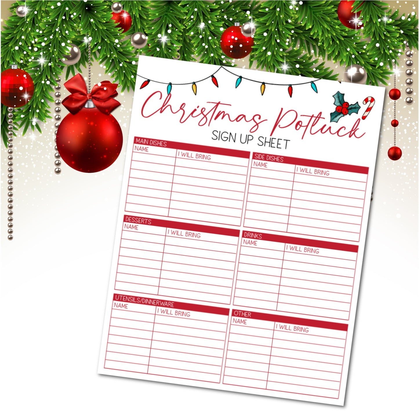 Christmas Potluck Signup Sheet, Christmas Party Printable